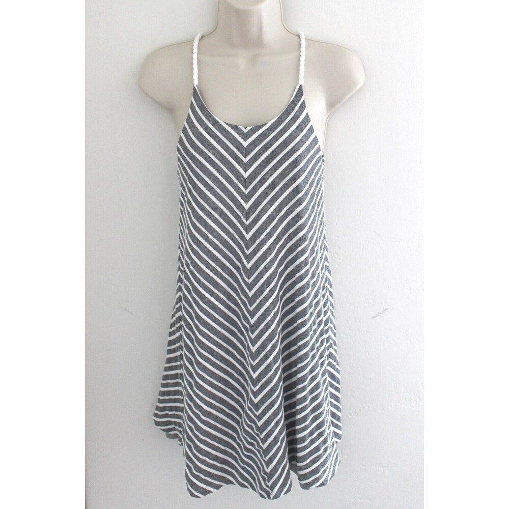 Prana Seacoast Swing Dress M gray blue white chevron striped sleeveless casual